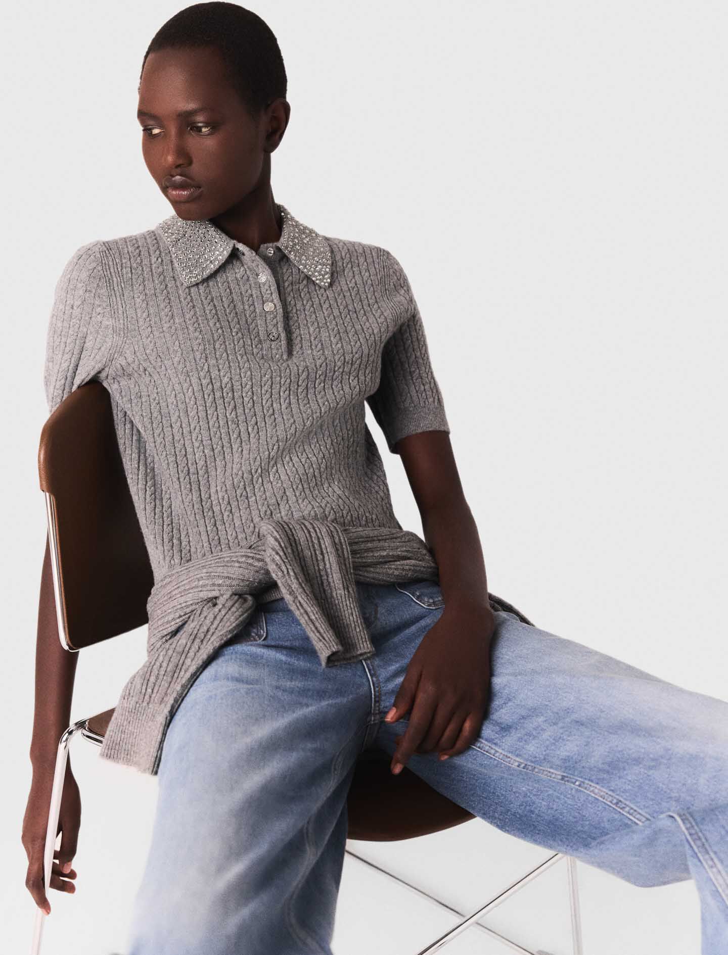 Camiseta polo de lana con cuello de cristales